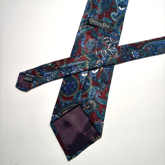 Christian‎ Dior Mens Neck Tie Burgundy Blue Green Paisley Floral Tie Vintage - Picture 3 of 5